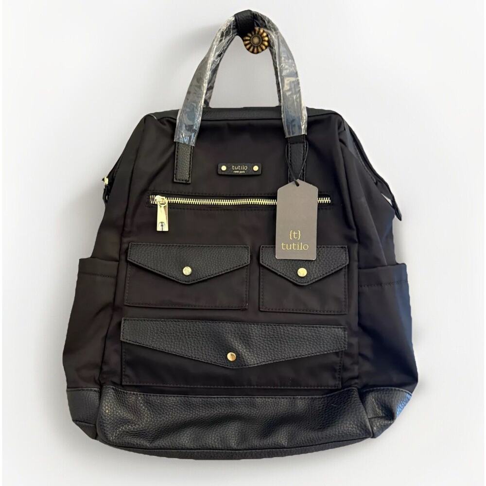 Tutilo NY Carry The Day Backpack ~ Black w/ Gold Hardware ~ Tres‎ Collection NWT